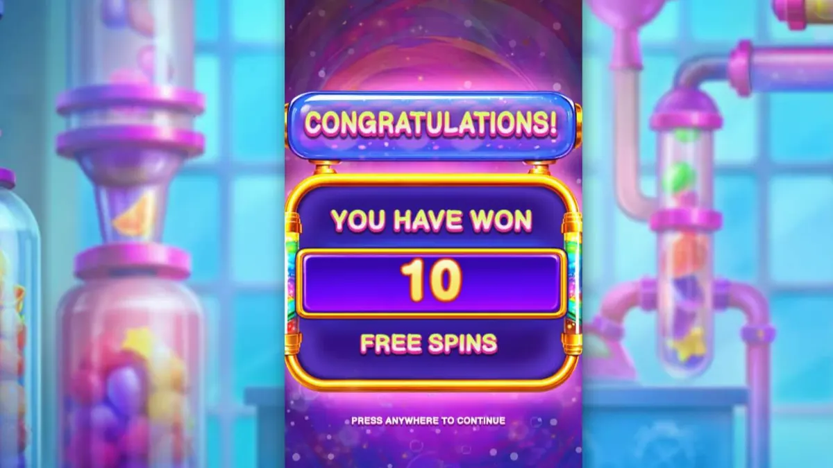 Interface futurista do slot Sweet Burst com tubos de doces e símbolos vibrantes