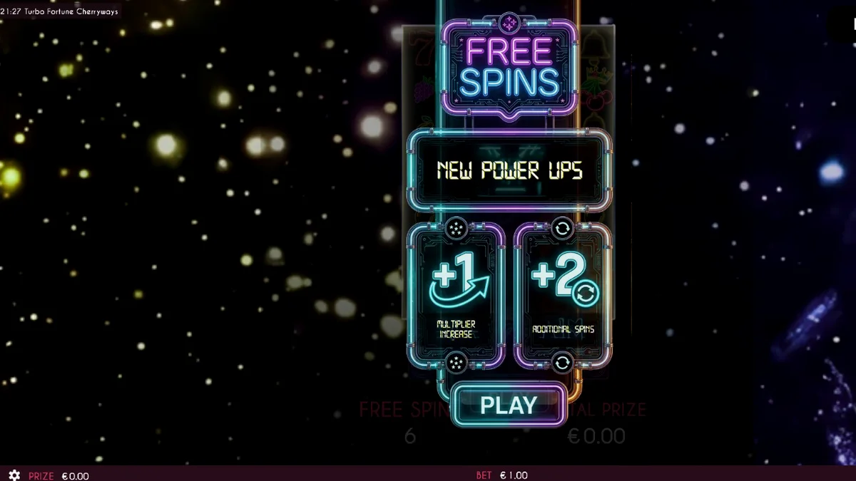 Interface neon do jogo Turbo Fortune Cherryways com símbolos de frutas brilhantes